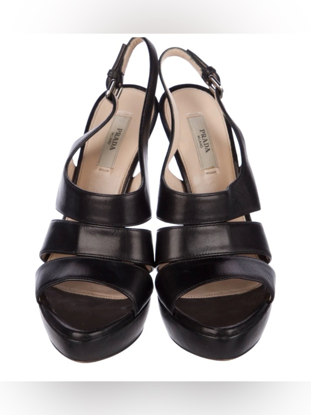 Prada Black Leather Platform Slingback Heels Size 39 Designer Sandals - Picture 2 of 4